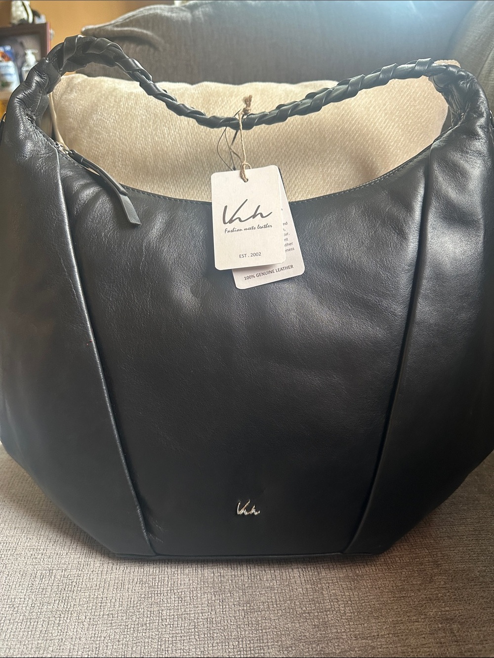 Black Braided-Handle Leather Shoulder Bag
